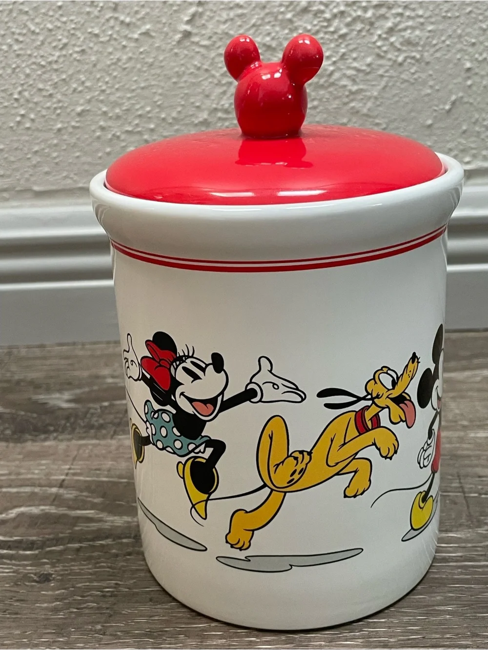 Disney Red-Accent Ceramic Canister cookie jar with Mickey & Friends Artwork NWOT